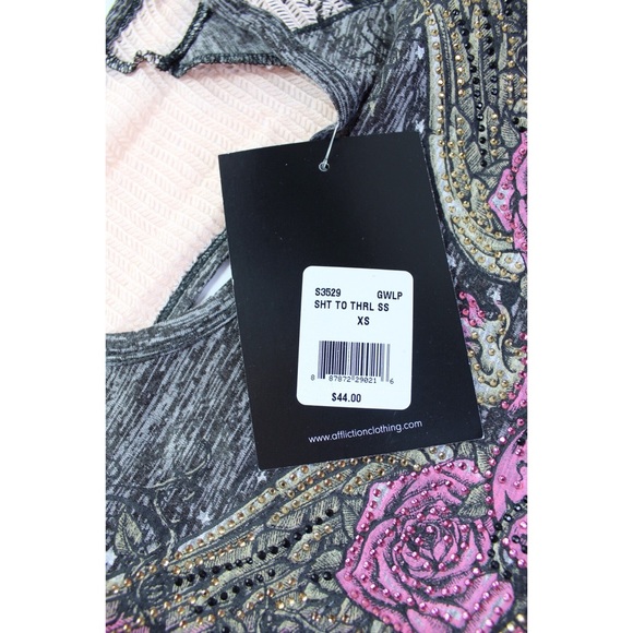 Sinful By Affliction Shoot to Thrill Edgy & Bejeweled Bling Open Back Top XS - Picture 7 of 8